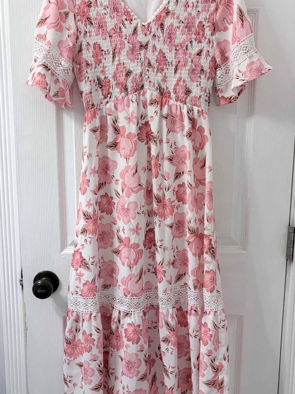 Grace Karin White and Pink Floral Smocked Dress